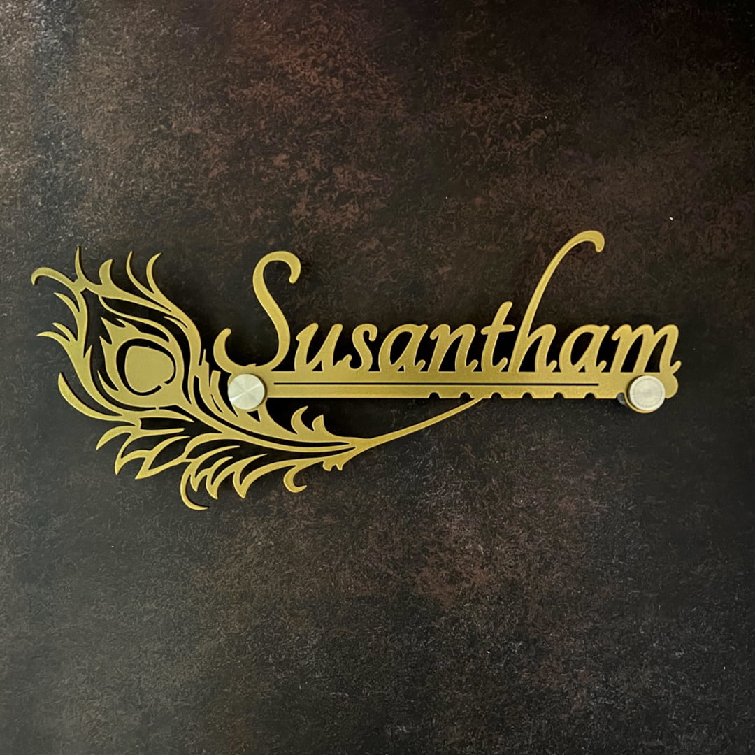 Morpankh With Flute Gold MS Name Plate Customized Nameplates for Home