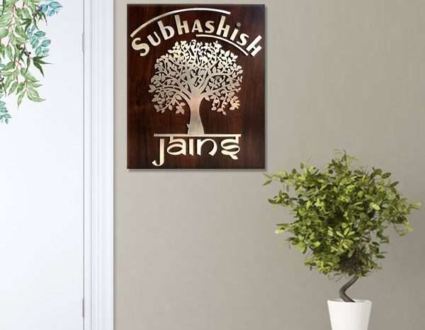 Artistic Tree Pattern Wooden & Stainless Steel Name Plate – Customized Nameplates for Home Online